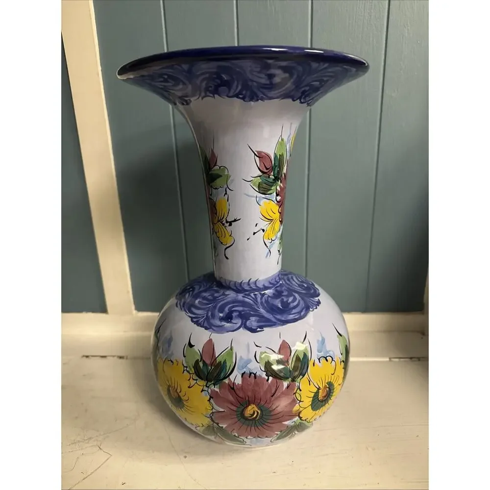 Vintage Alcobaca Portuguese Hand-painted Blue Floral Pottery Vase Large 16” Tall